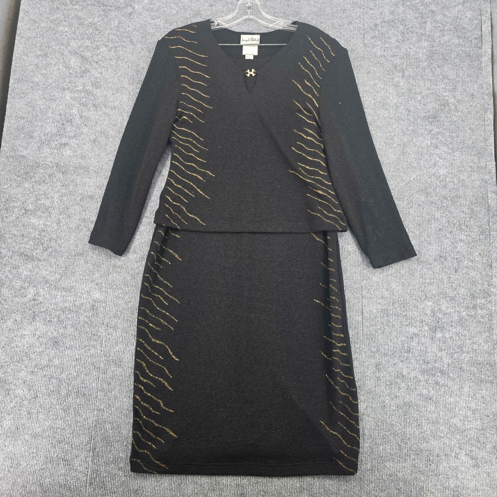 Joseph Ribkoff Vintage Black Gold Glitter Skirt Set 2pc V-Neck Midi Size 10